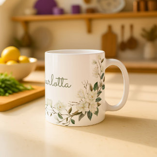 Personalisierter weißer Blumengrüßebecher, elegant Kaffeetasse