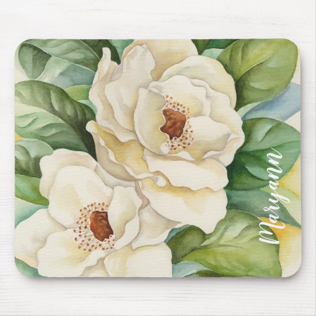 Personalisierter weißer Magnolien-BlumenWatercolor Mousepad (Vorne)