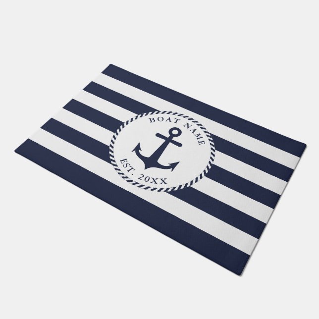 Personalisierter weißer Navy-Blue-Nautical-Anker Fußmatte (Schrägansicht)