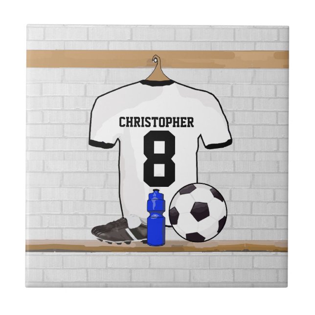 Personalisierter weißer schwarzer Fußball-Fußball Fliese (Vorderseite)