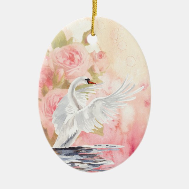 Personalisierter Weißer Schwung und Rose Keramik Ornament (Vorne)