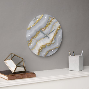Personalisierter weißer und goldflüssiger Mondstei Große Wanduhr