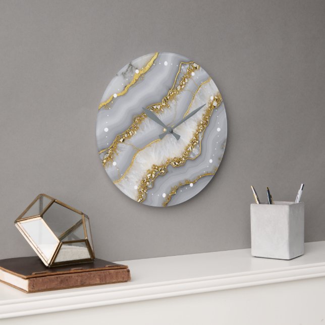 Personalisierter weißer und goldflüssiger Mondstei Große Wanduhr (Büro)