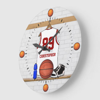 Personalisierter weißer und roter Basketball Große Wanduhr