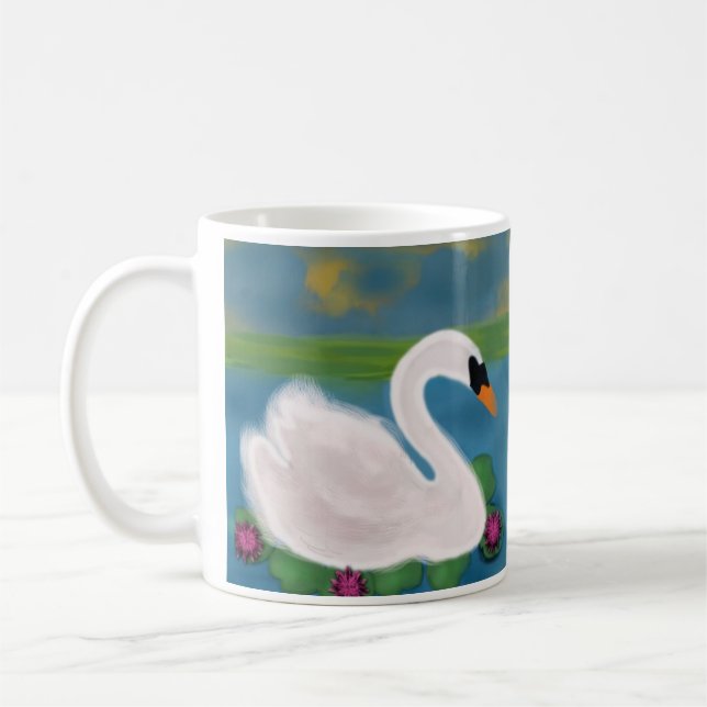 Personalisierter Weißschwan im Teich bei Sonnenunt Kaffeetasse (Links)