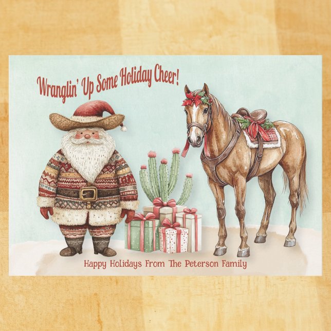 Personalisierter Western Santa Feiertagskarte (Western Santa watercolor card with cactus, horse, and gifts – Wranglin’ Up Some Holiday Cheer!

)