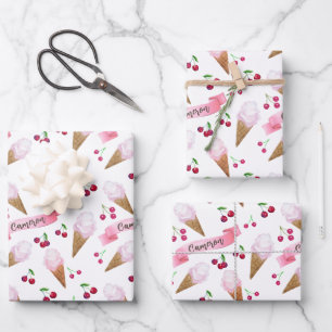 Personalisierter Whimsischer Kirscheis Creme Rosa Geschenkpapier Set