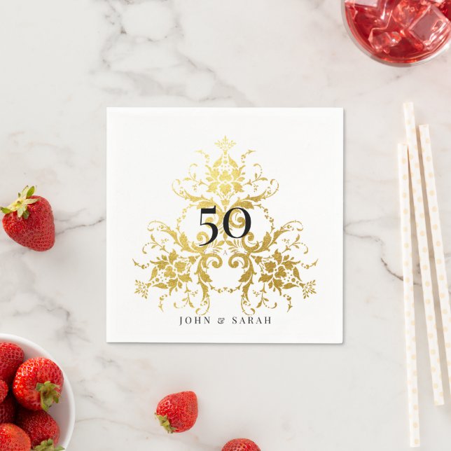 Personalisierter White & Gold Damask 50 Jahre Serviette (Beispiel)
