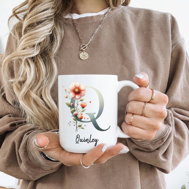 Personalisierter Wildblumen-Anfangsbuchstabe-Tasse Kaffeetasse (wildflower mug, floral monogram mug, personalized flower mug, initial coffee mug for women,)