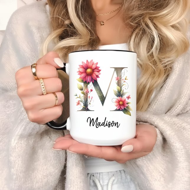 Personalisierter Wildblumen-Monogramm-Becher für M Tasse (wildflower mug, floral monogram mug, personalized name mug, custom initial mug, pink wildflower mug,)