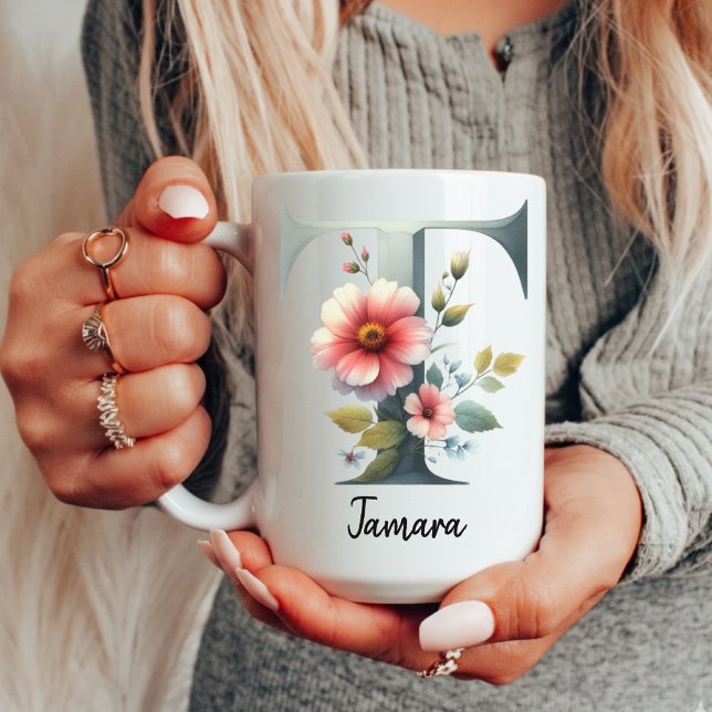 Personalisierter Wildblumen-Monogramm-Tassen-Gesch Kaffeetasse (botanical mug, elegant floral mug, custom name mug, personalized mug for women, monogram gift idea,)