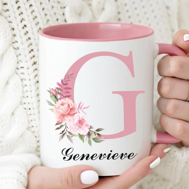 Personalisierter Wildblumen-Rosa-Becher als Gesche Tasse (Personalized Pink Monogram Mug Mother’s Day Gift for Mom, Floral Initial Coffee Mug Gift for Grandma)