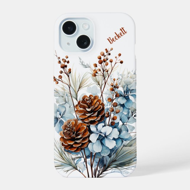 Personalisierter Winter floral Phone Case iPhone 15 Hülle (Rückseite)