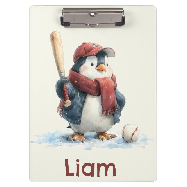 Personalisierter Winter-Pinguin-Baseball-Junior Klemmbrett (Vorderseite)