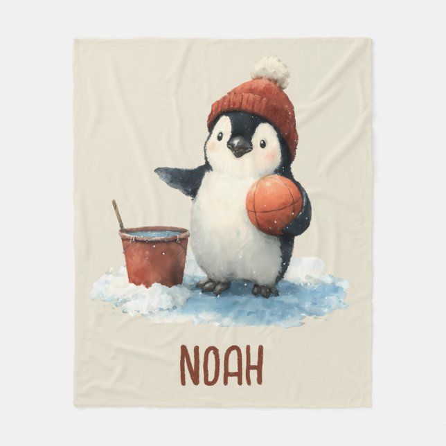 Personalisierter Winter-Pinguin-Basketball-Junior Fleecedecke (Vorderseite)