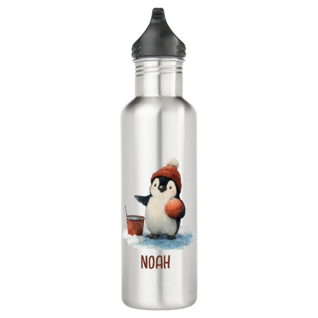 Personalisierter Winter-Pinguin-Basketball Kind Edelstahlflasche (Rechts)