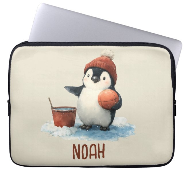 Personalisierter Winter-Pinguin-Basketball Kind Laptopschutzhülle (Vorderseite)
