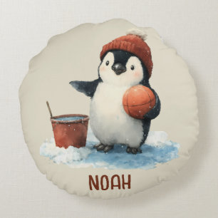 Personalisierter Winter-Pinguin-Basketball Kind Rundes Kissen