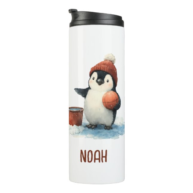 Personalisierter Winter-Pinguin-Basketball Kind Thermosbecher (Nach rechts gedreht)