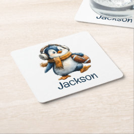 Personalisierter Winter-Pinguin-Fußball-Junior Rechteckiger Pappuntersetzer
