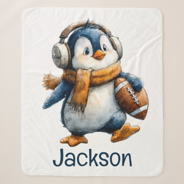 Personalisierter Winter-Pinguin-Fußball-Junior Sherpadecke (Vorderseite)