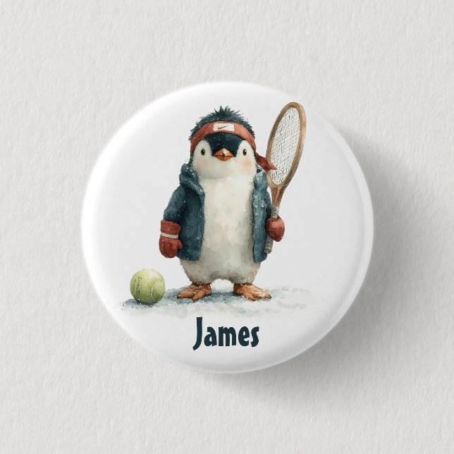 Personalisierter Winter-Pinguin-Tennis-Kid Button (Vorderseite)