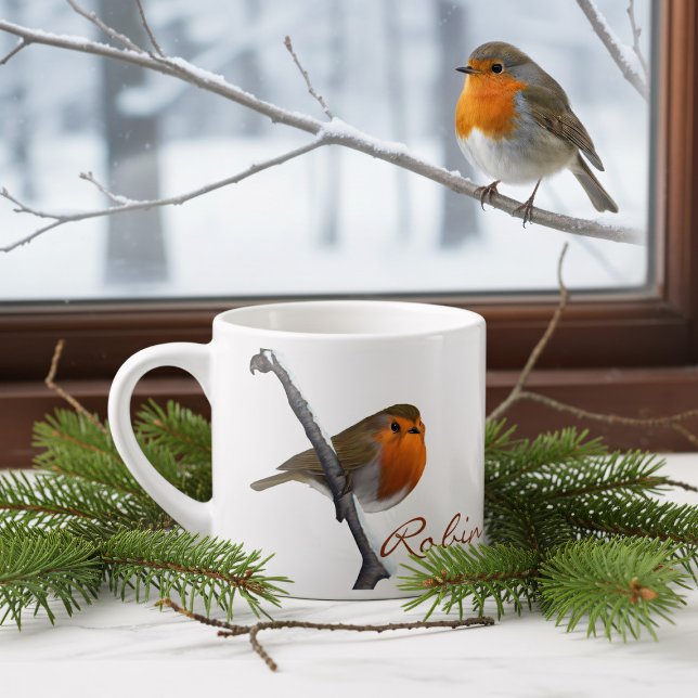 Personalisierter Winter Robin Bird Espresso Cup Espressotasse (Bring the beauty of nature indoors with this enchanting personalized robin espresso cup.)