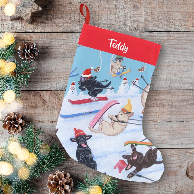 Personalisierter Winterspass Weihnachts-Skifahrer  Kleiner Weihnachtsstrumpf (Personalized Winter Fun Christmas Skiing Labradors Design Christmas Stocking for Labrador Owners.)