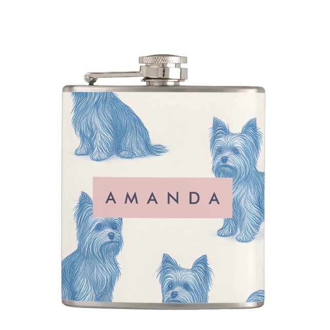 Personalisierter Yorkshire Terrier Blau Namensgesc Flachmann (Vorderseite)