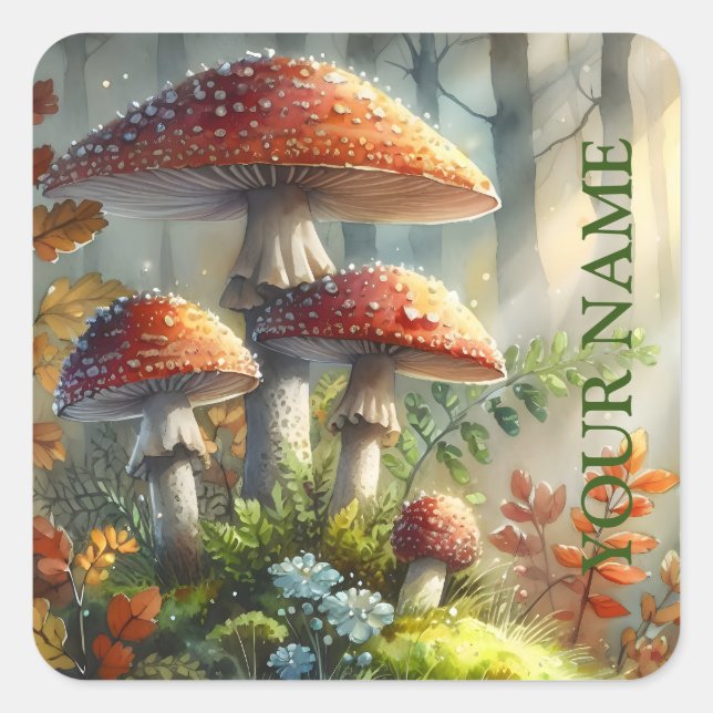 Personalisierter Zauberwald Amanita Pilzfolien Quadratischer Aufkleber (Vorderseite)