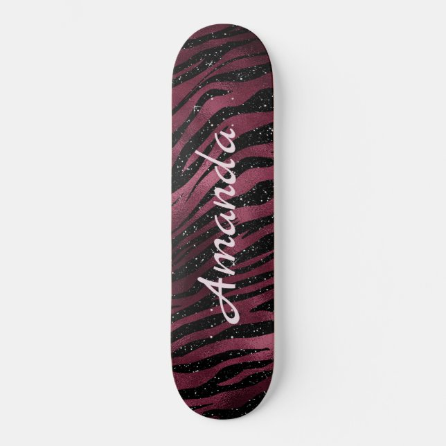 Personalisierter Zebra Black & Burgund Glitzer Skateboard (Vorderseite)