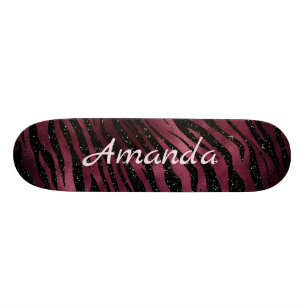 Personalisierter Zebra Black & Burgund Glitzer Skateboard