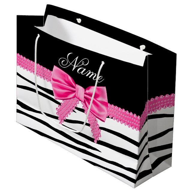 Personalisierter Zebra-Strip-Rosa-Bug Große Geschenktüte (Vorderseite Schrägansicht)