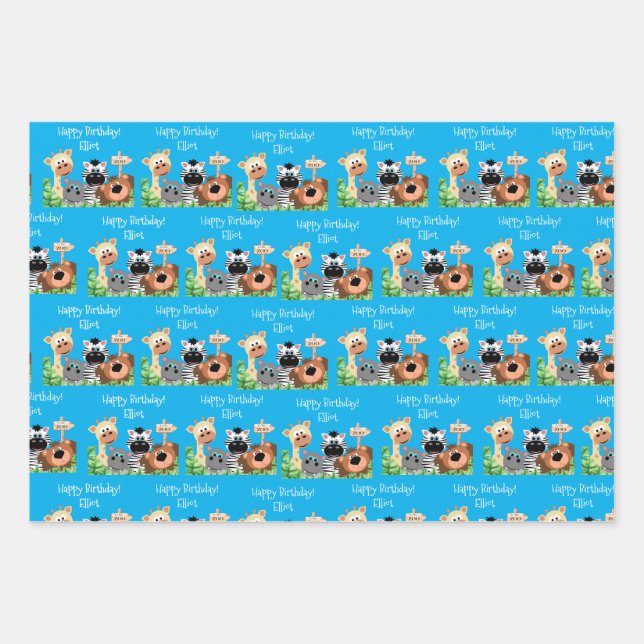 Personalisierter Zootier Geburtsdatum Grüne Leaf Geschenkpapier Set (Vorderseite)