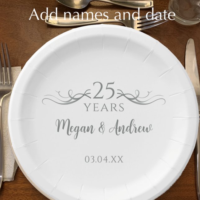 Personalisiertes 25. Hochzeitsszenario-Party Pappteller (Elegant personalized silver 25th wedding anniversary party paper plates.
)