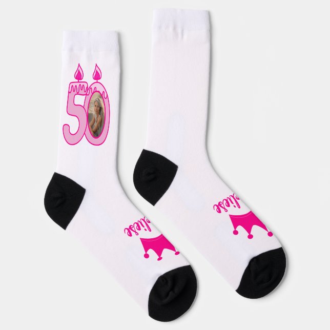 Personalisiertes 50. Geburtstag Foto Kronenrosa Socken (Rechts)