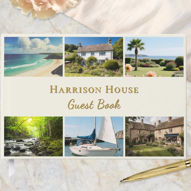 Personalisiertes 6-Foto-Haus, Ferienhaus oder Hoch Gästebuch (A guest book in elegant cream and faux gold, customizable with 6 photos, title, and text on the back)