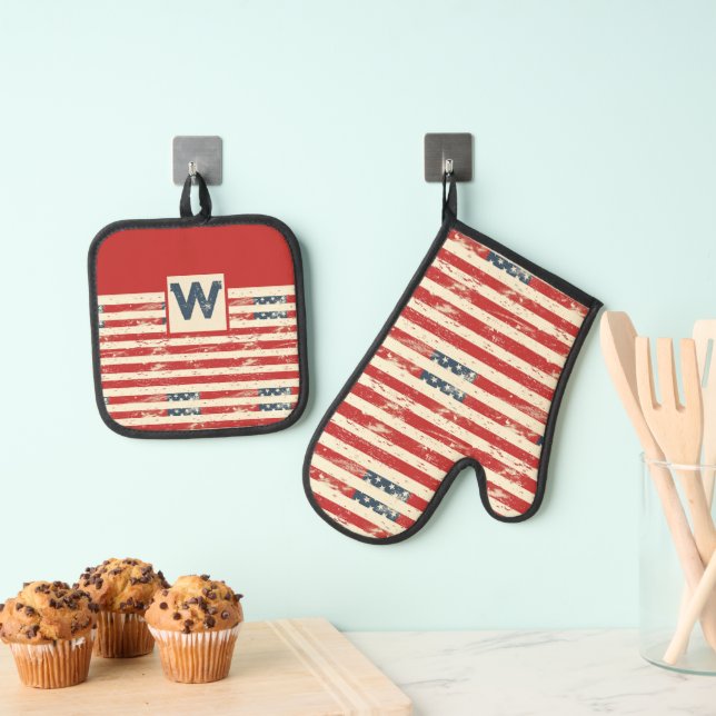 Personalisiertes amerikanisches Flaggenmuster Ofenhandschuh & Topflappen-Set (Insitu (Hängend))