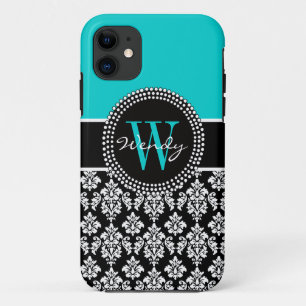 Personalisiertes Anfangsaqua-Schwarz-Damast-Muster iPhone 11 Hülle