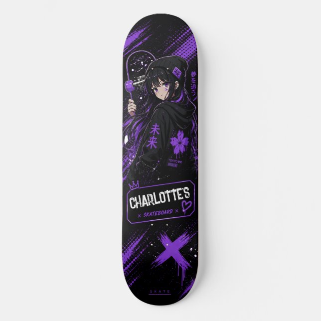 Personalisiertes Anime Lila und Schwarzes Skateboa Skateboard (Vorderseite)