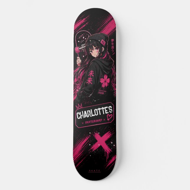 Personalisiertes Anime-Mädchen Rosa Skateboard Dec (Vorderseite)