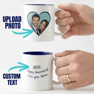 Personalisiertes Anniversary Custom Foto Heart Blu Zweifarbige Tasse