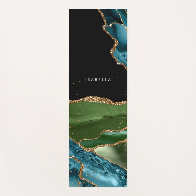 Personalisiertes Aqua/Green Agate mit Gold Glitzer Yogamatte (Vorderseite)