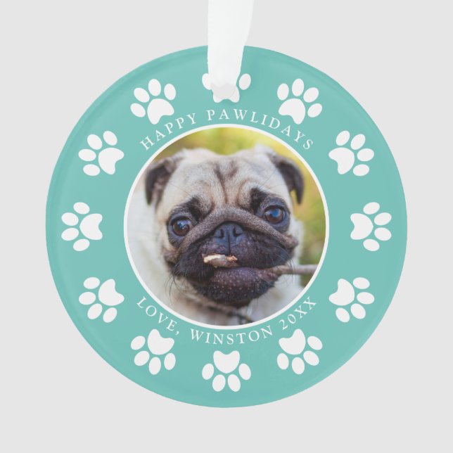 Personalisiertes Aquamarin Happy Pawlidays Dog Fot Ornament (Vorderseite)