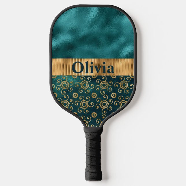 Personalisiertes Aquamarines Metallic Gold Pickleball Schläger (Vorderseite)