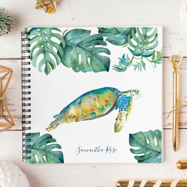 Personalisiertes Aquarellmeerschildkrötenblatt Notizbuch (Cute notebooks personalized watercolor sea turtle and palm leaves by Victoria Grigaliunas)