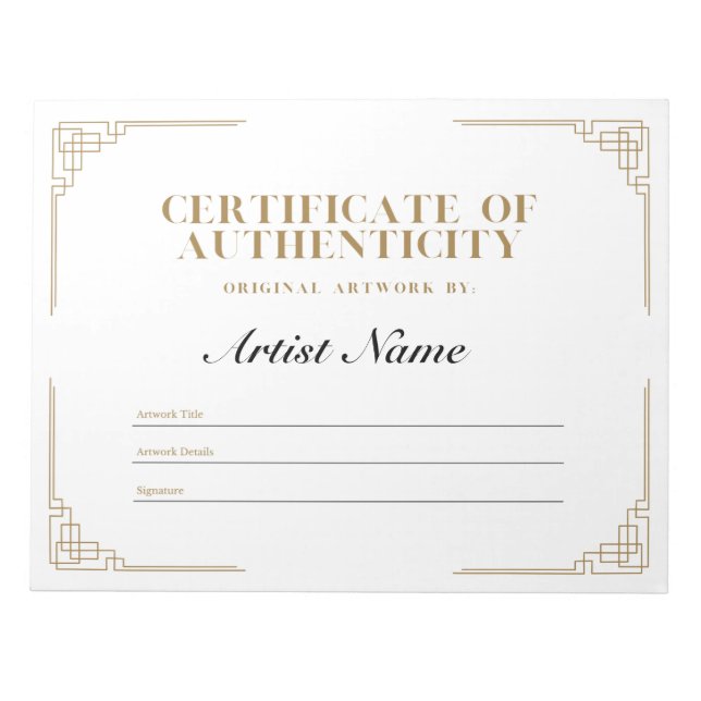 Personalisiertes Art-Deco-Echtheitszeugnis  Notizblock (Vorderseite)