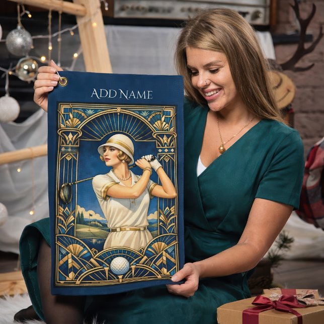 Personalisiertes Art Deco Golfhandtuch (Woman golfer with deco golf towel)