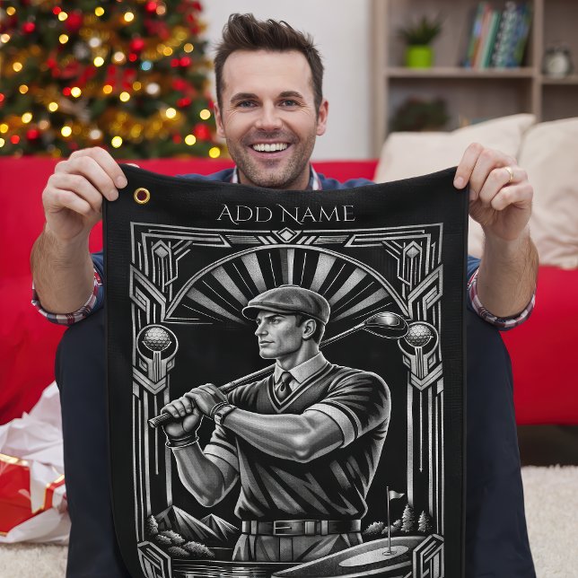 Personalisiertes Art Deco Golfhandtuch (Male golfer with deco golf towel)