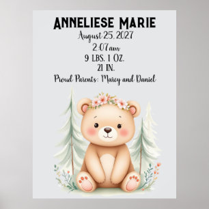 Personalisiertes Baby Bear Birth Stats Girls' Kind Poster